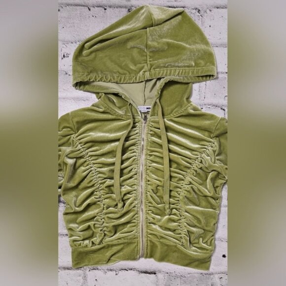 Fashion Nova Olive Green Cropped Ruched Velvet Zip-Up Hoodie - Picture 4 of 9